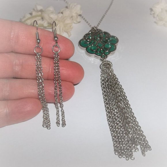 Teal Green and Silver Long Necklace and Chain Earrings Jewelry Set Tassel A596 - Picture 7 of 7